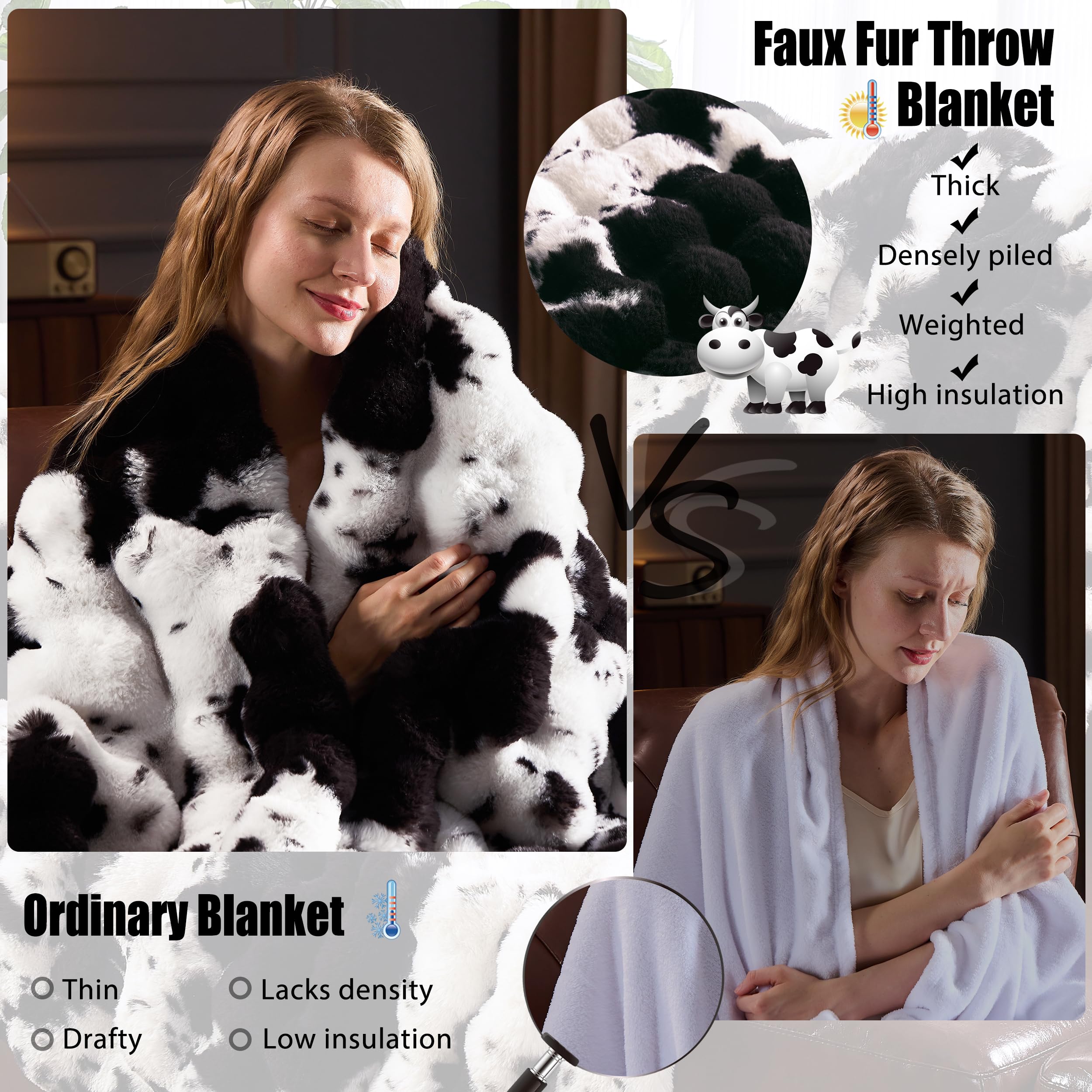 Faux Fur Throw Blanket for Couch, Fluffy Fuzzy Plush Bubble Blanket, Soft Warm Cozy Shaggy Rabbit Blanket, Luxury Decorative Gifts for Sofa Bedroom Living Room, 60x50inch (Cow Print-Brown)