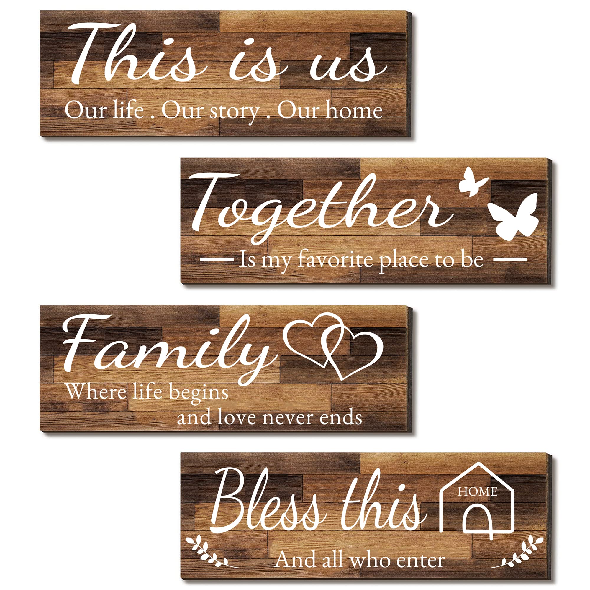 4 Pieces Home Wall Signs, THIS IS US/TOGETHER/BLESS THIS HOME/FAMILY Wall Decor For Living Room Bedroom, Rustic Wooden Farmhouse Wall Art , 4.7 x 13.8 Inch(Brown)