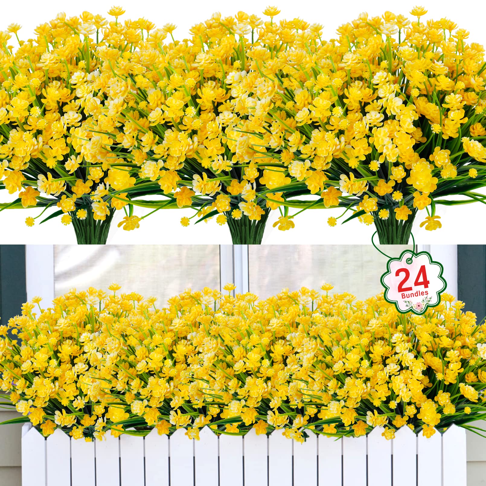 Ouddy Decor 24 Bundles Artificial Flowers for Outdoors UV Resistant Fake Plastic Plants Faux Boston Fern Greenery Stems for Spring Summer Indoor Garden Patio Window Box Kitchen Home Decor, Mixedcolor