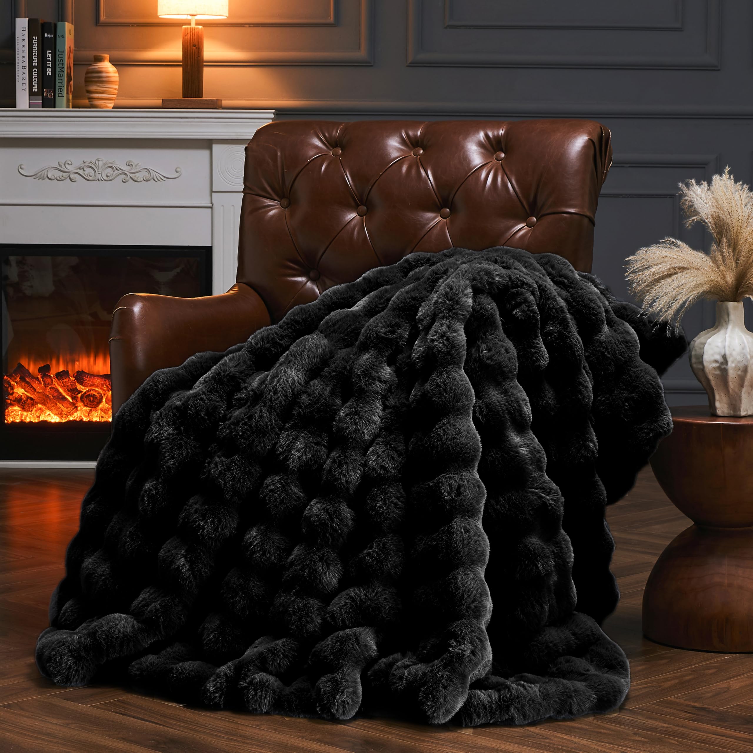 Faux Fur Throw Blanket for Couch, Fluffy Fuzzy Plush Bubble Blanket, Soft Warm Cozy Shaggy Rabbit Blanket, Luxury Decorative Gifts for Sofa Bedroom Living Room, 60x50inch (Cow Print-Brown)