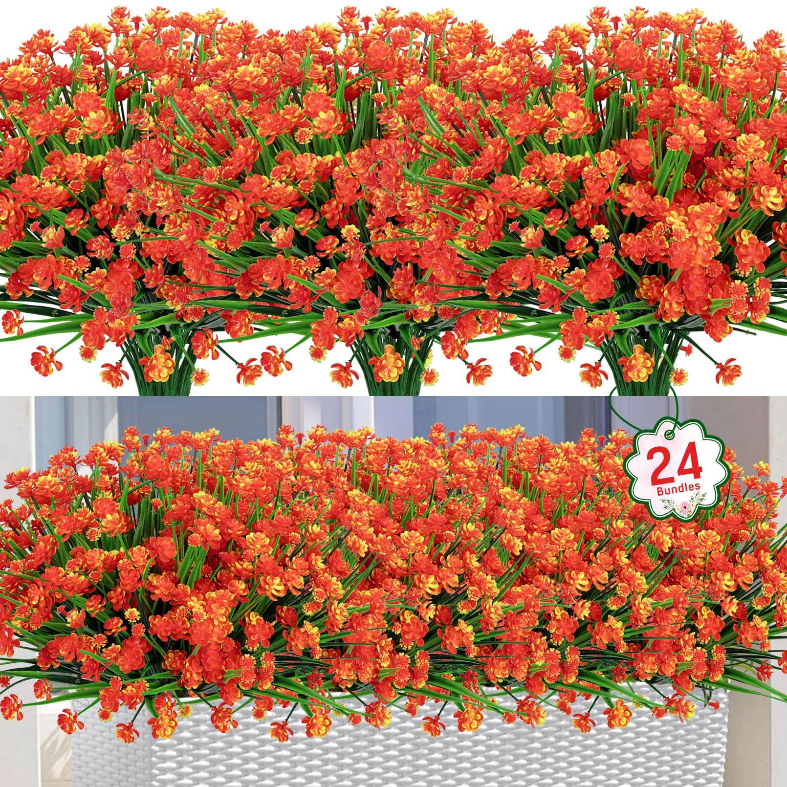 Ouddy Decor 24 Bundles Artificial Flowers for Outdoors UV Resistant Fake Plastic Plants Faux Boston Fern Greenery Stems for Spring Summer Indoor Garden Patio Window Box Kitchen Home Decor, Mixedcolor