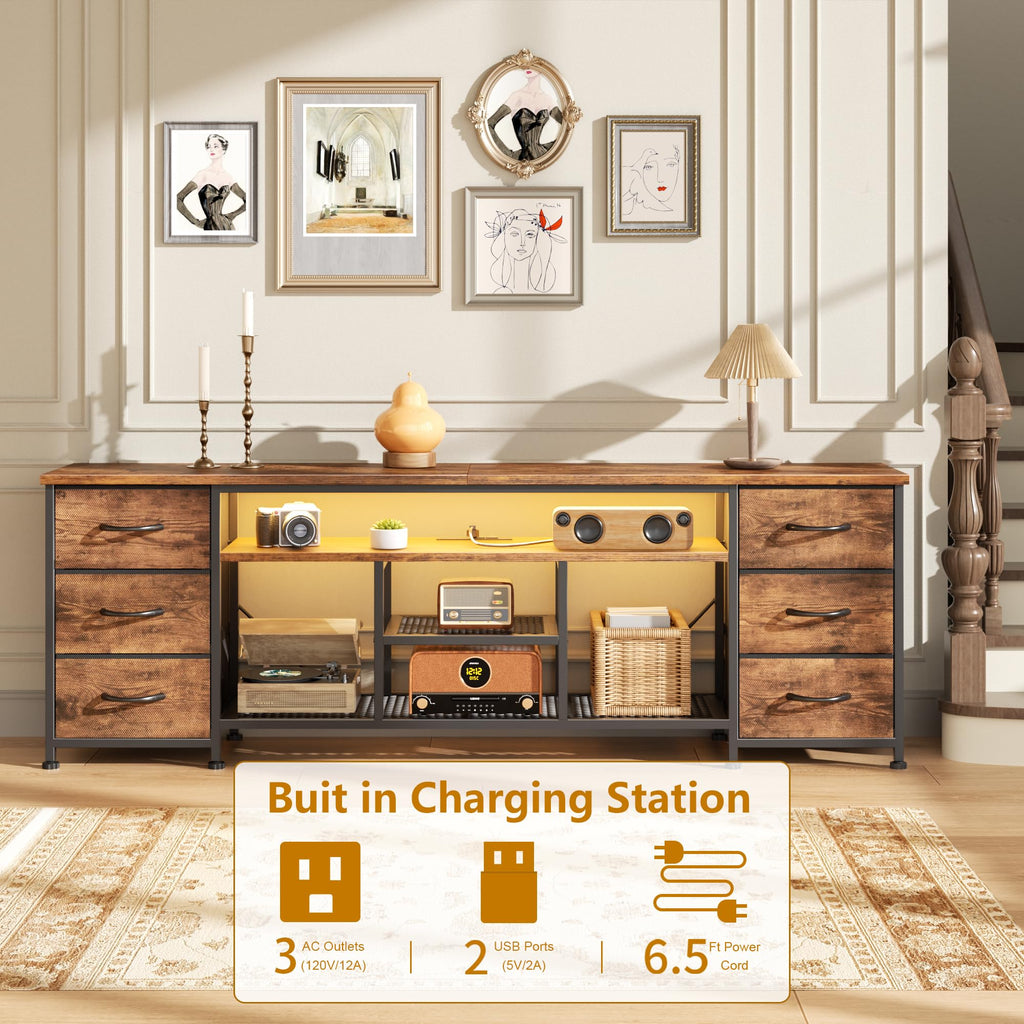 Furologee LED TV Stand for 65, 70 Inch TV, 63 Inch Entertainment Center with Power Outlets, 6 Fabric Drawers Dresser for Bedroom, Media Console with Open Shelves, Rustic Brown