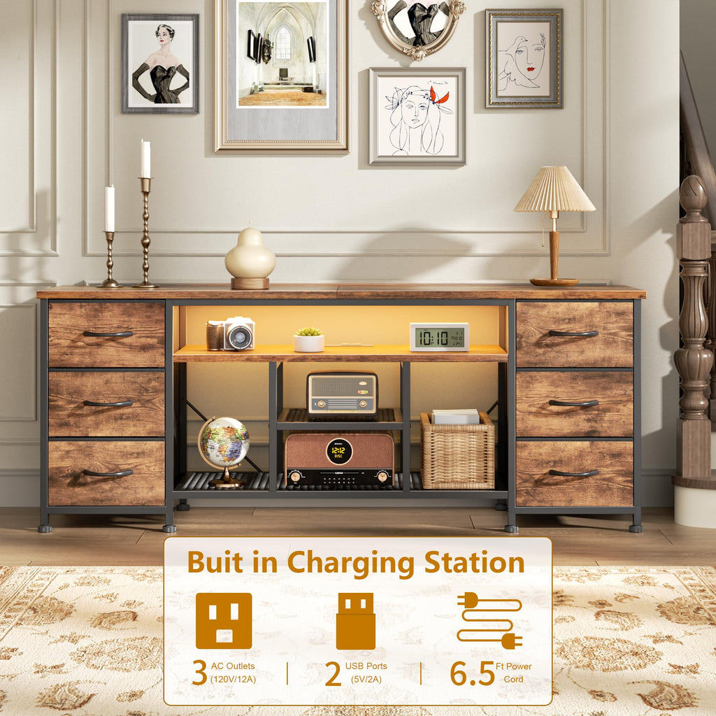 Furologee LED TV Stand for 65, 70 Inch TV, 63 Inch Entertainment Center with Power Outlets, 6 Fabric Drawers Dresser for Bedroom, Media Console with Open Shelves, Rustic Brown