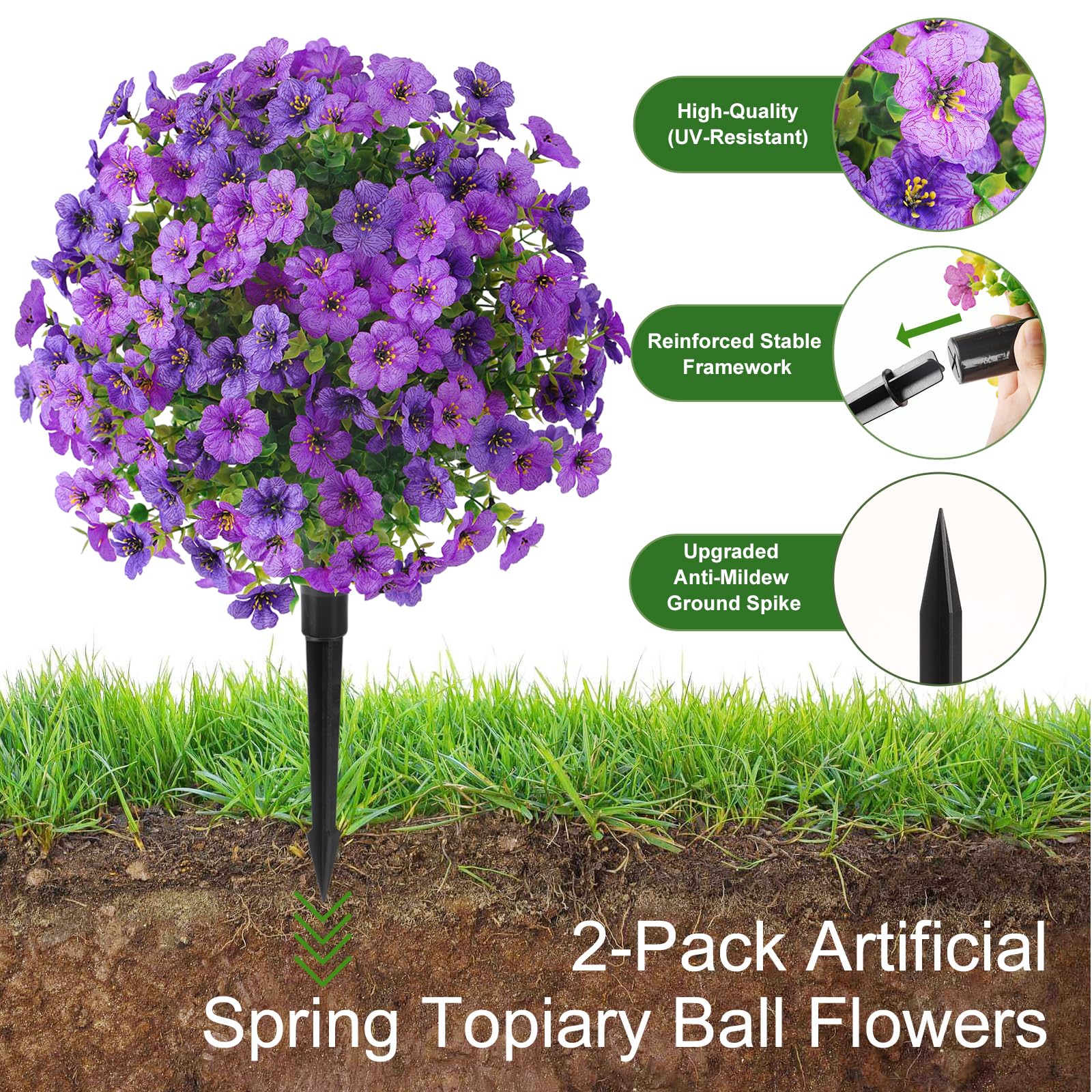 Alupssuc 2Pcs 20" Artificial Topiary Ball Flowers For Outdoors Planters, Spring Decoration with Spike, UV Resistant Faux Summer Plants, Fake Bushes Indoor Decor, Mix 4 Colors for Garden, Porch & Patio