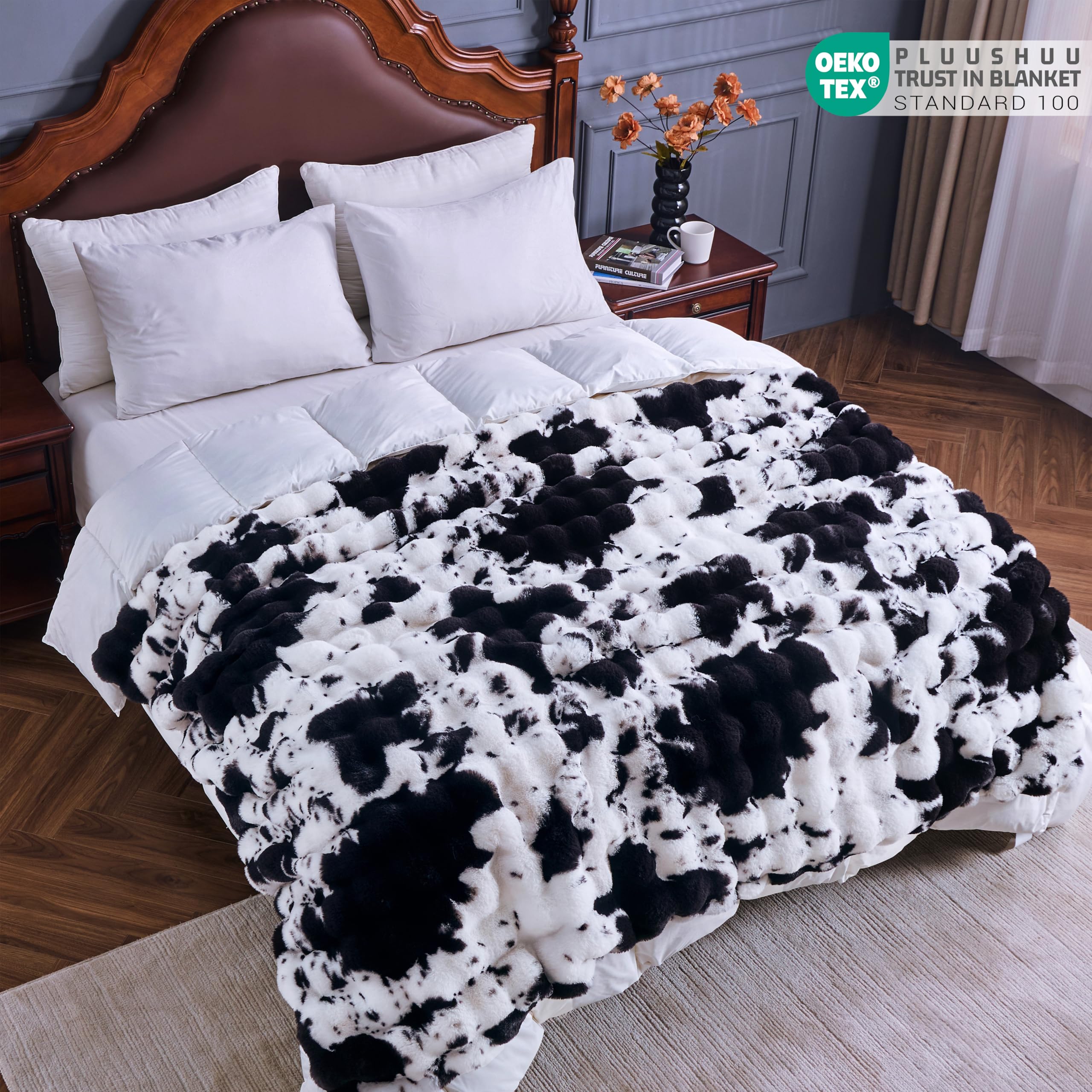 Faux Fur Throw Blanket for Couch, Fluffy Fuzzy Plush Bubble Blanket, Soft Warm Cozy Shaggy Rabbit Blanket, Luxury Decorative Gifts for Sofa Bedroom Living Room, 60x50inch (Cow Print-Brown)