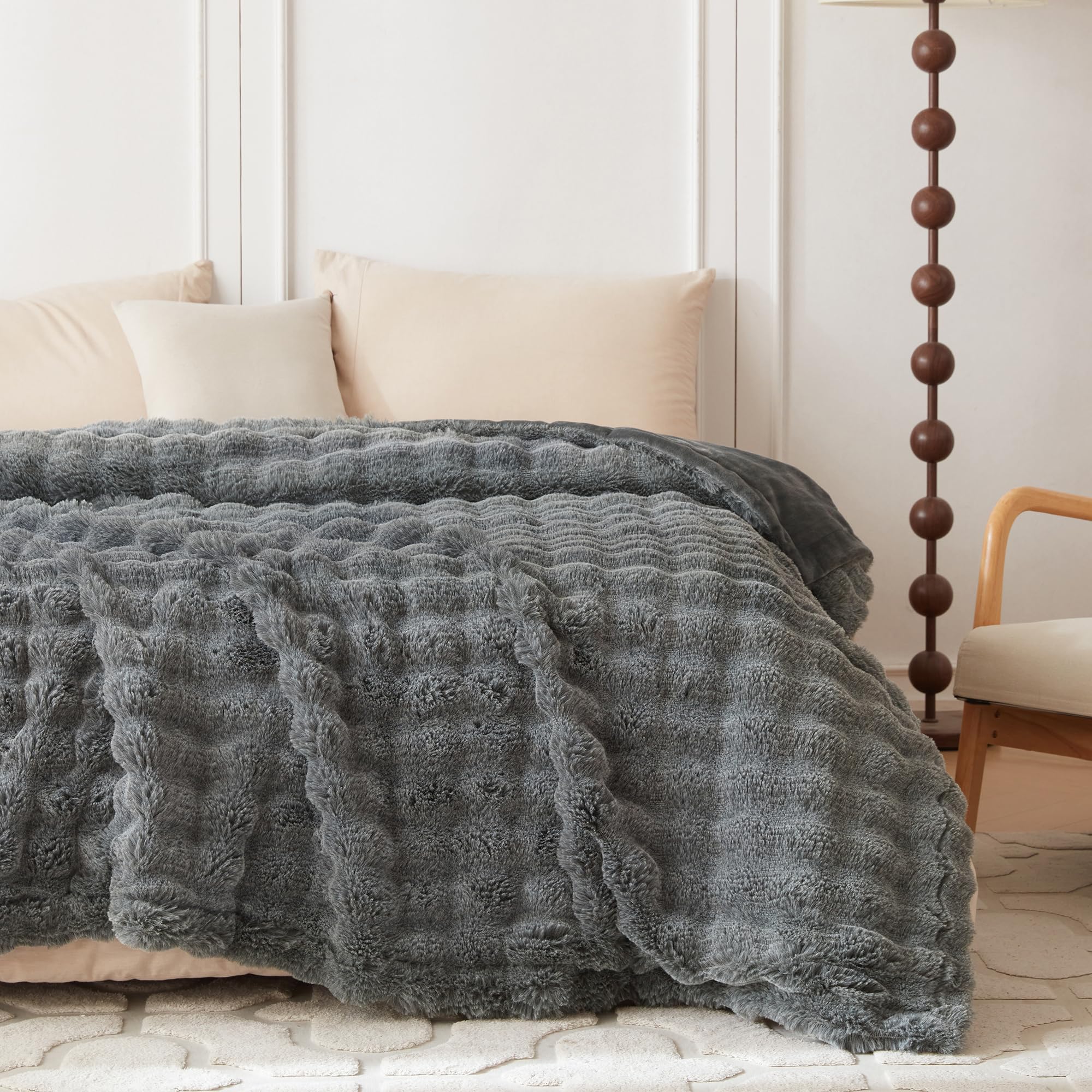 COOVA Faux Fur Throw Blanket for Couch, Cozy Soft and Fuzzy Plush Rabbit Fur Bubble Blanket for Sofa Bedroom Living Room, 50x60 Inches Tie Dye Brown