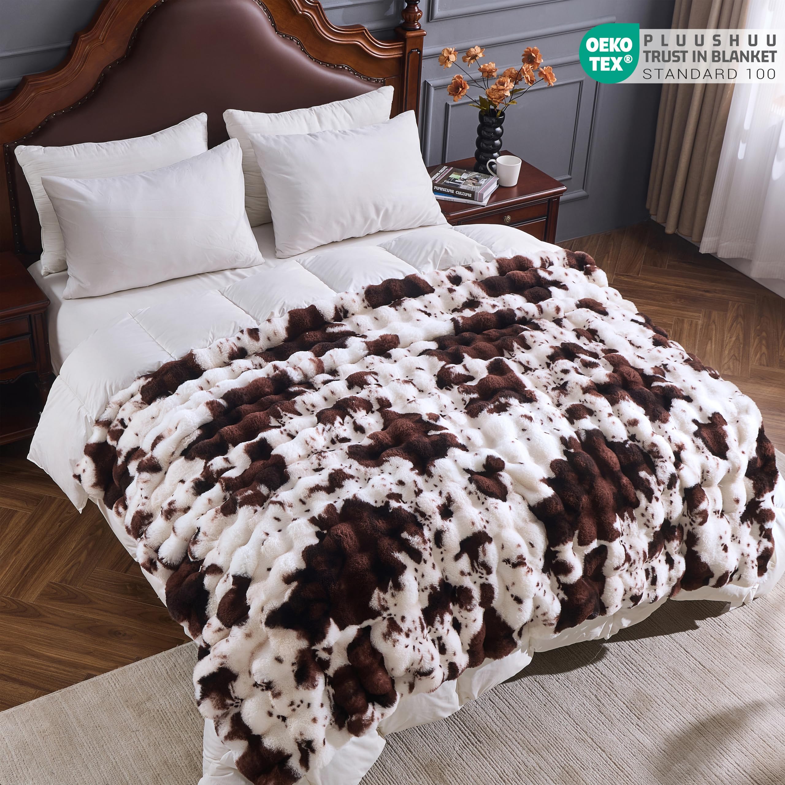 Faux Fur Throw Blanket for Couch, Fluffy Fuzzy Plush Bubble Blanket, Soft Warm Cozy Shaggy Rabbit Blanket, Luxury Decorative Gifts for Sofa Bedroom Living Room, 60x50inch (Cow Print-Brown)
