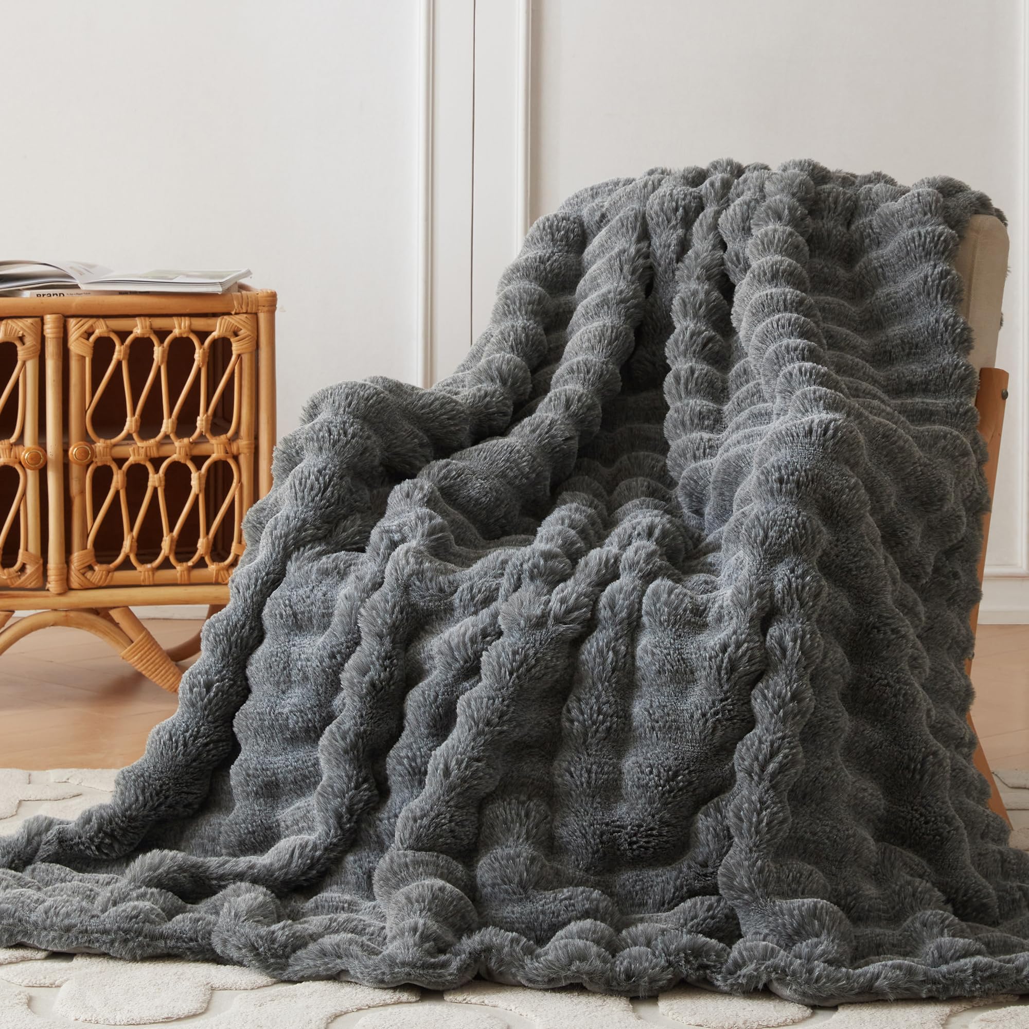 COOVA Faux Fur Throw Blanket for Couch, Cozy Soft and Fuzzy Plush Rabbit Fur Bubble Blanket for Sofa Bedroom Living Room, 50x60 Inches Tie Dye Brown