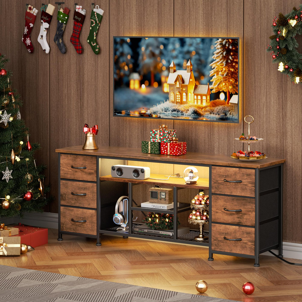 Furologee LED TV Stand for 65, 70 Inch TV, 63 Inch Entertainment Center with Power Outlets, 6 Fabric Drawers Dresser for Bedroom, Media Console with Open Shelves, Rustic Brown