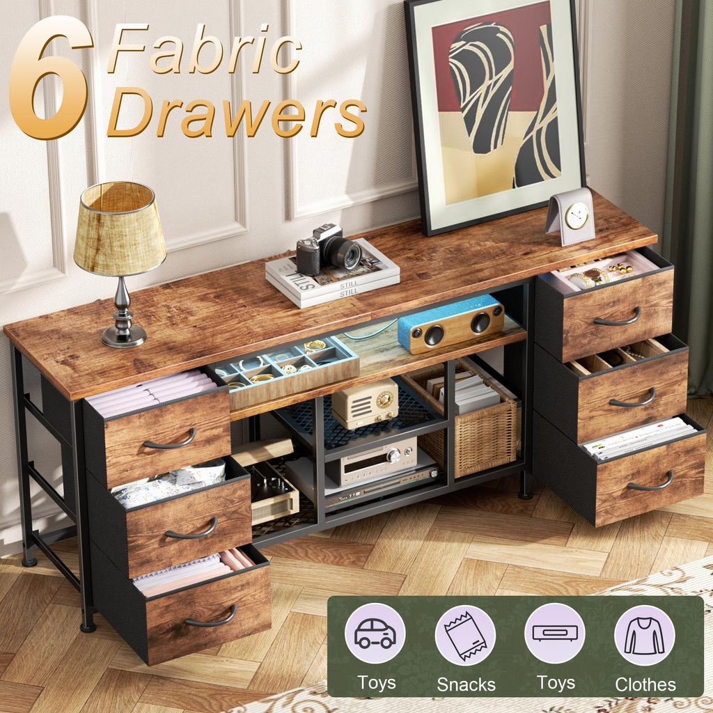 Furologee LED TV Stand for 65, 70 Inch TV, 63 Inch Entertainment Center with Power Outlets, 6 Fabric Drawers Dresser for Bedroom, Media Console with Open Shelves, Rustic Brown