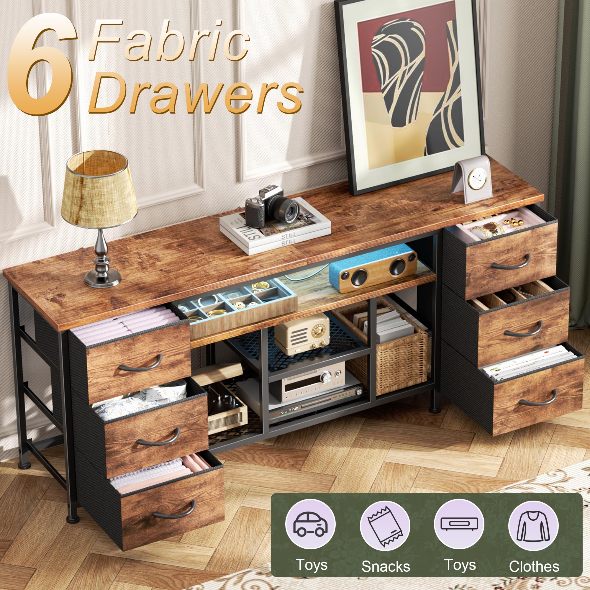 Furologee LED TV Stand for 65, 70 Inch TV, 63 Inch Entertainment Center with Power Outlets, 6 Fabric Drawers Dresser for Bedroom, Media Console with Open Shelves, Rustic Brown