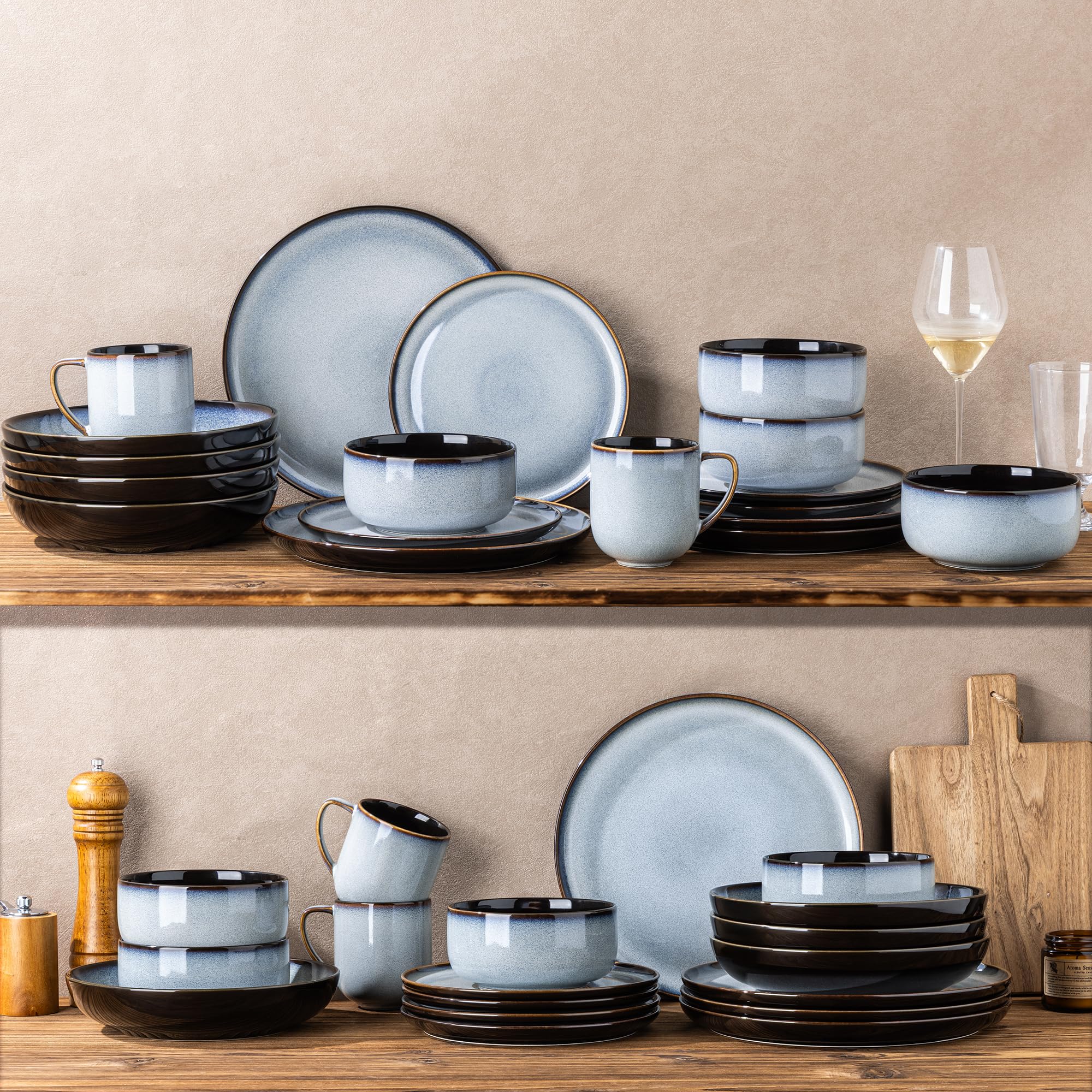 LERATIO Ceramic Dinnerware Sets for 8,Plates and Bowls Sets,Reactive Glaze Dishes Set,Highly Chip and Crack Resistant | Dishwasher & Microwave & Oven Safe Dishes set,Service for 8-Kahki (24pc)