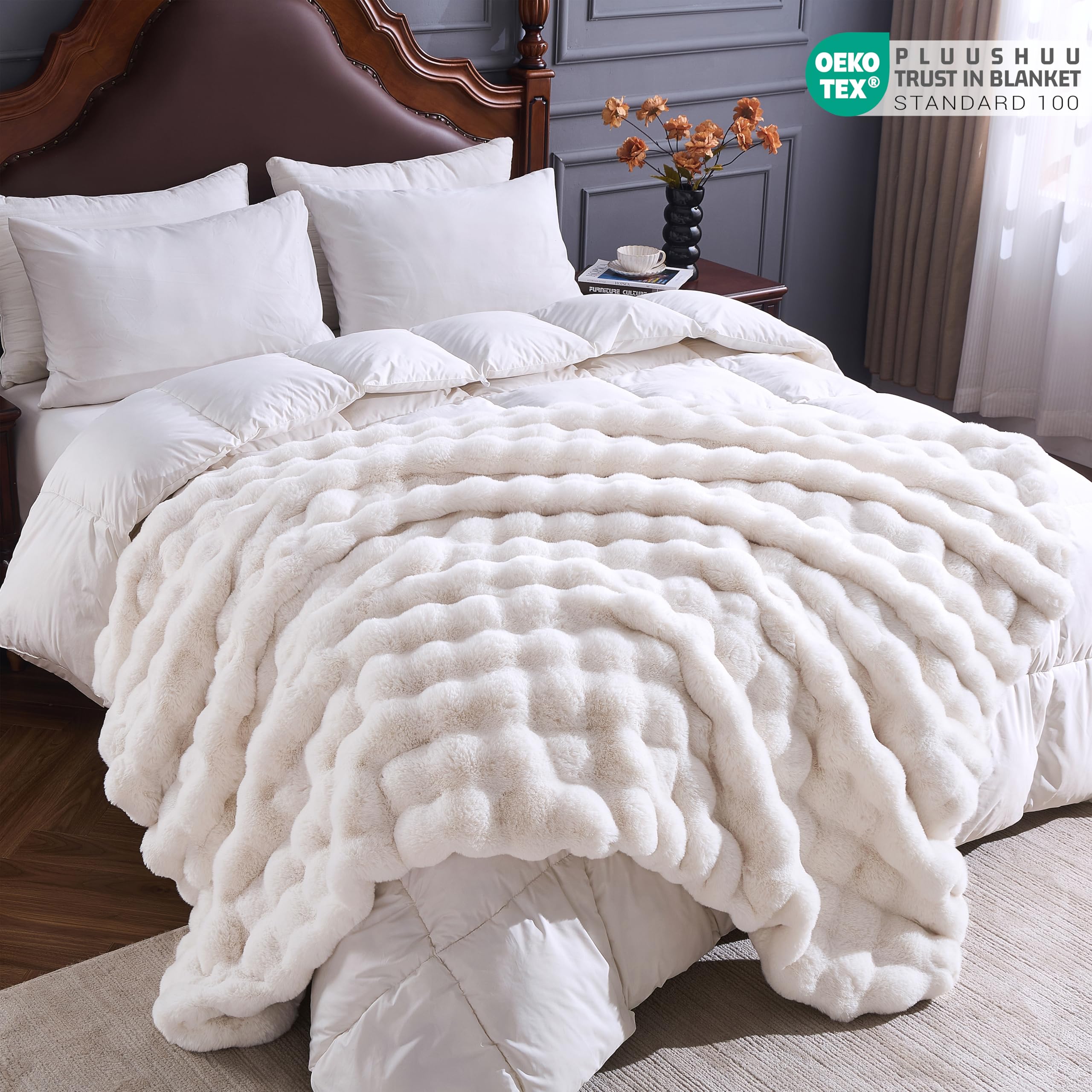 Faux Fur Throw Blanket for Couch, Fluffy Fuzzy Plush Bubble Blanket, Soft Warm Cozy Shaggy Rabbit Blanket, Luxury Decorative Gifts for Sofa Bedroom Living Room, 60x50inch (Cow Print-Brown)