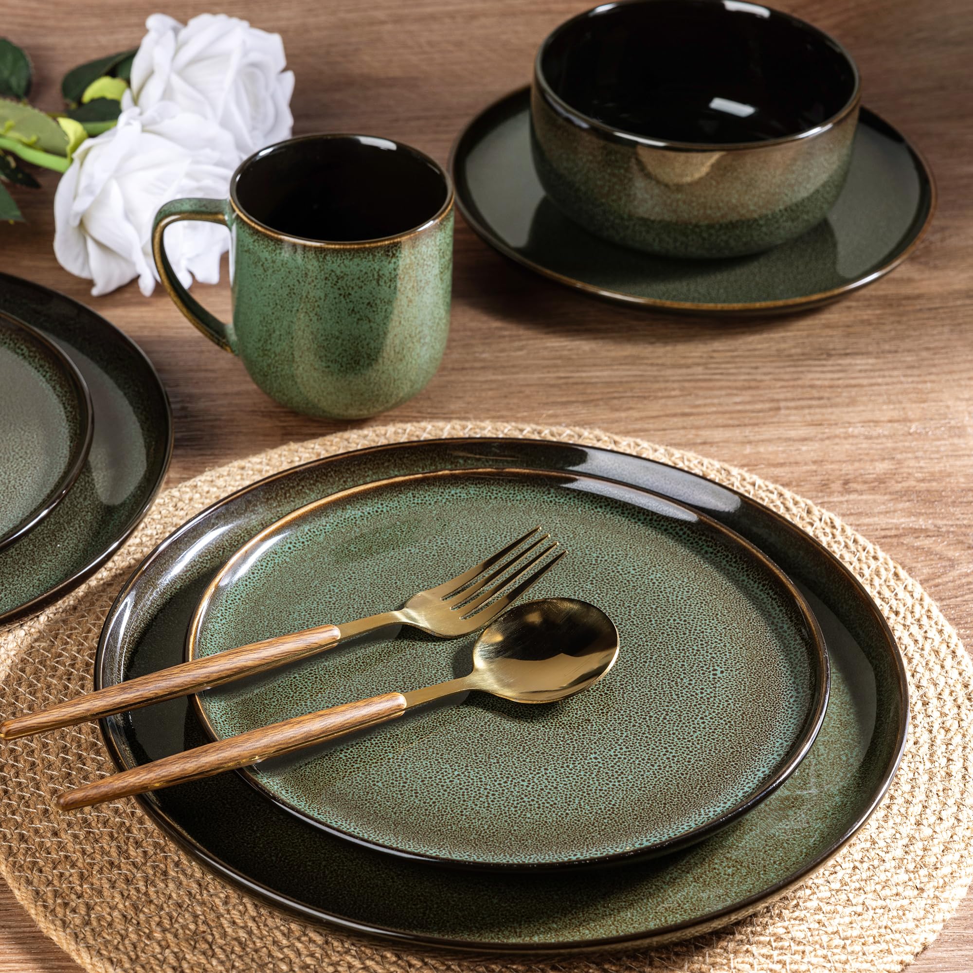 LERATIO Ceramic Dinnerware Sets for 8,Plates and Bowls Sets,Reactive Glaze Dishes Set,Highly Chip and Crack Resistant | Dishwasher & Microwave & Oven Safe Dishes set,Service for 8-Kahki (24pc)